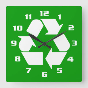 COOL WHITE RECYCLE SYMBOL GO GREEN SQUARE WALL CLOCK