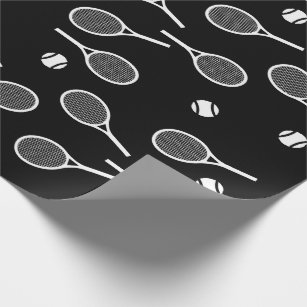 Cool White Retro Tennis Racquets Pattern Black Wrapping Paper