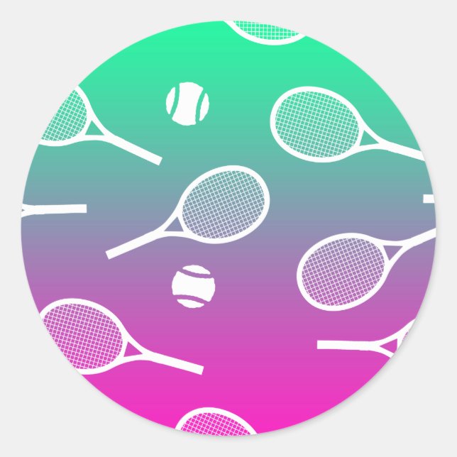 Cool White Retro Tennis Racquets Pattern Gradient  Classic Round Sticker (Front)