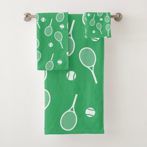 Cool White Retro Tennis Racquets Pattern Green  Bath Towel Set