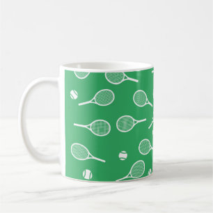 Cool White Retro Tennis Racquets Pattern Green Coffee Mug