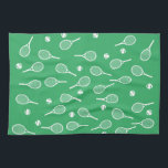 Cool White Retro Tennis Racquets Pattern Green  Kitchen Towel<br><div class="desc">White and green Tennis Rackets Pattern For Him | Summer Tennis Court. Gift for tennis player, white racquet tennis match on a green background. Personalized Gift for a tennis player. Trendy tennis players home decor. Trendy modern tennis player gifts. Cool retro modern gift for your school tennis coach or school...</div>