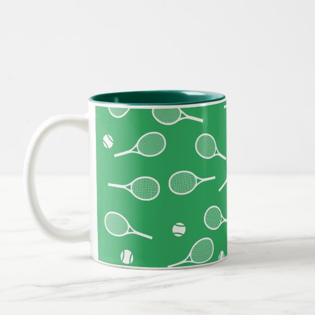 Cool White Retro Tennis Racquets Pattern Green  Two-Tone Coffee Mug (Left)