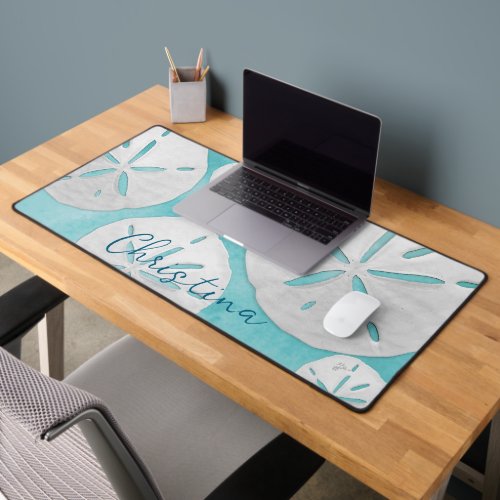Cool White Sand Dollars Turquoise Watercolor Desk Mat