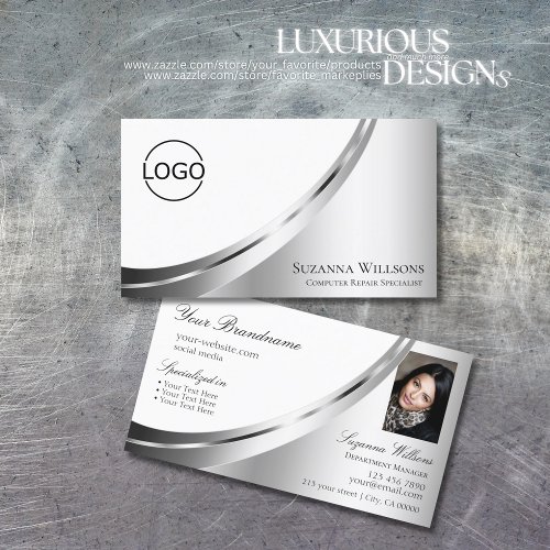 Cool White Silver Decor with Logo and Photo Modern Business Card