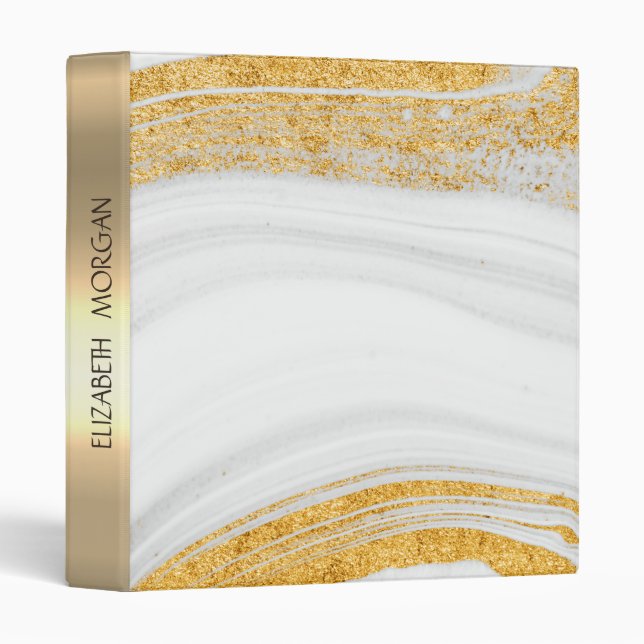 Cool White Stone Granite Marble,Gold Glitter 3 Ring Binder (Front/Spine)