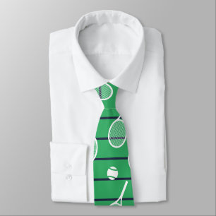 Cool White Tennis Racquets Pattern Stripes Green   Neck Tie