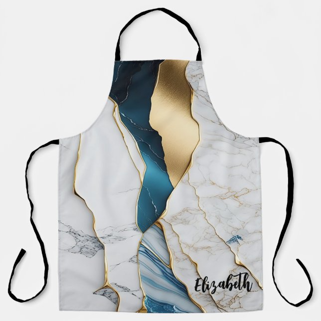 Cool White Turquoise Marble Stone Gold Apron (Front)
