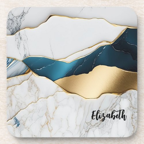 Cool White Turquoise Marble Stone Gold Beverage Coaster