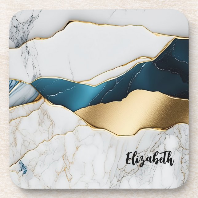 Cool White Turquoise Marble Stone Gold Beverage Coaster (Front)