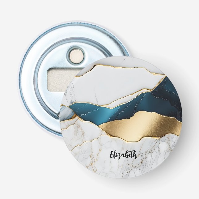 Cool White Turquoise Marble Stone Gold Bottle Opener (Front)