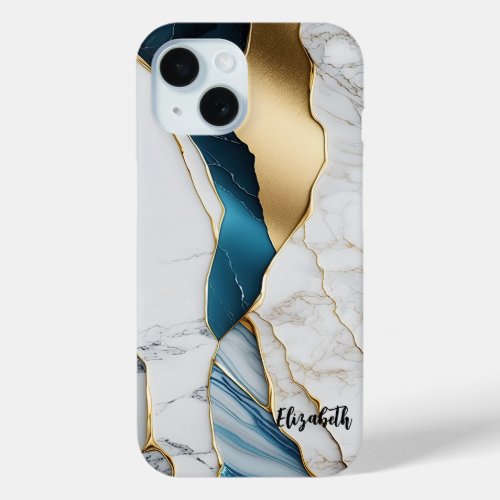 Cool White Turquoise Marble Stone Gold iPhone 15 Case