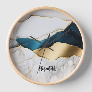 Cool White Turquoise Marble Stone Gold Clock