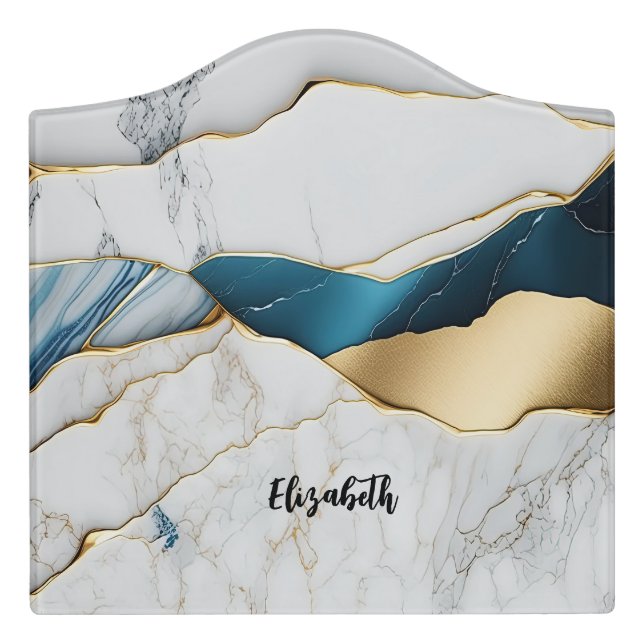Cool White Turquoise Marble Stone Gold Door Sign (Large Crest Front)