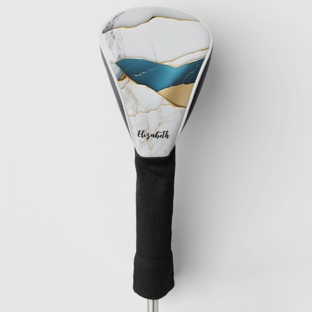 Cool White Turquoise Marble Stone Gold Golf Head Cover (Front)
