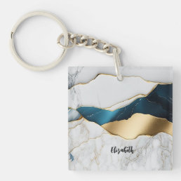 Cool White Turquoise Marble Stone Gold Keychain