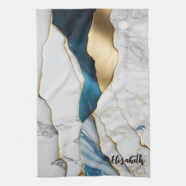 Cool White Turquoise Marble Stone Gold Kitchen Towel (Vertical)