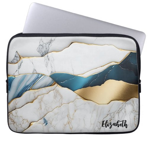 Cool White Turquoise Marble Stone Gold Laptop Sleeve