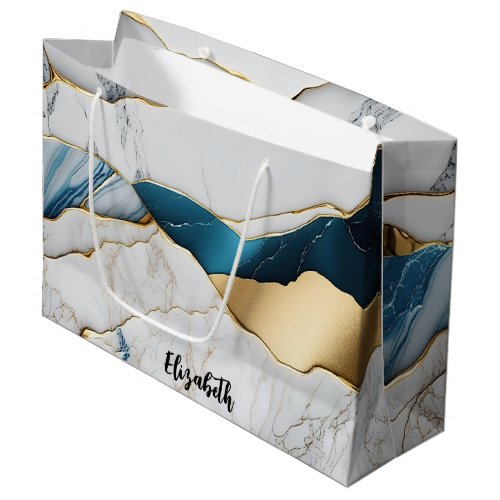 Cool White Turquoise Marble Stone Gold Large Gift Bag