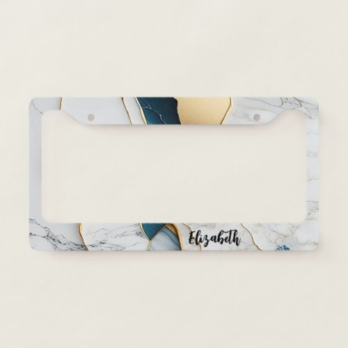 Cool White Turquoise Marble Stone Gold License Plate Frame