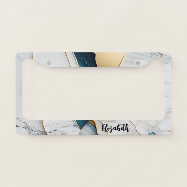 Cool White Turquoise Marble Stone Gold License Plate Frame (Front)