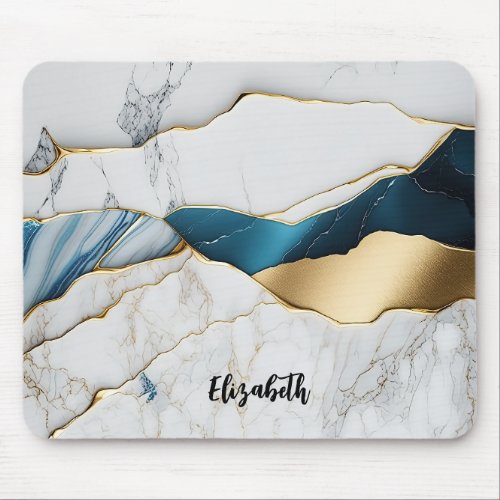 Cool White Turquoise Marble Stone Gold Mouse Pad