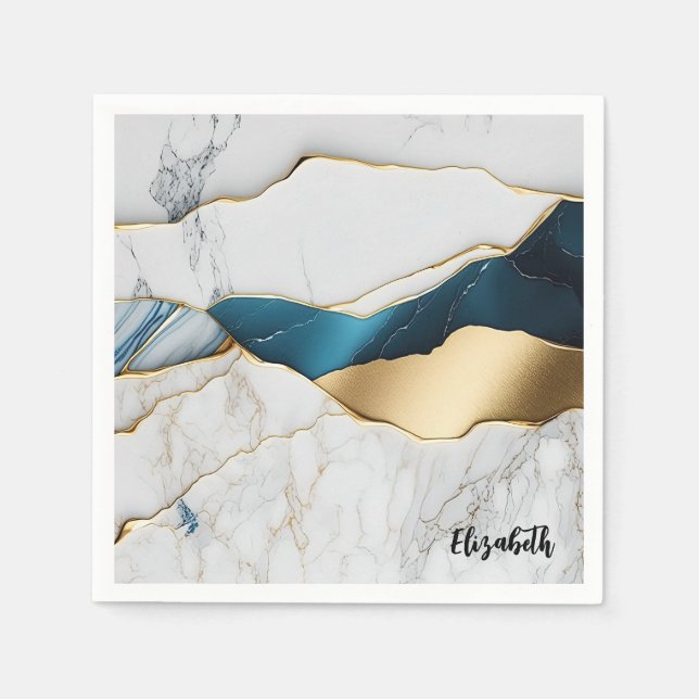 Cool White Turquoise Marble Stone Gold Napkins (Front)