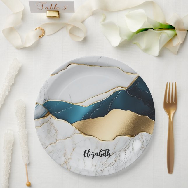 Cool White Turquoise Marble Stone Gold Paper Plates (Wedding)