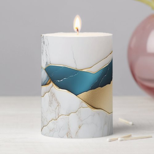 Cool White Turquoise Marble Stone Gold Pillar Candle