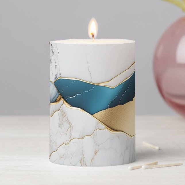 Cool White Turquoise Marble Stone Gold Pillar Candle (In Situ)