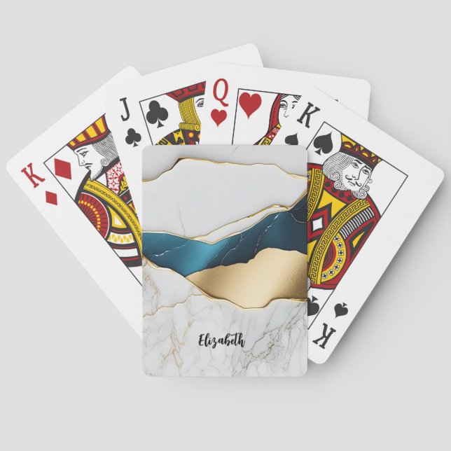Cool White Turquoise Marble Stone Gold Poker Cards (Back)