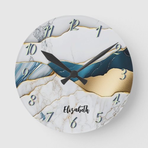 Cool White Turquoise Marble Stone Gold Round Clock