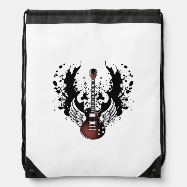 Cool Winged Guitar Rock Music Rockabilly Musician  Drawstring Bag (Front)