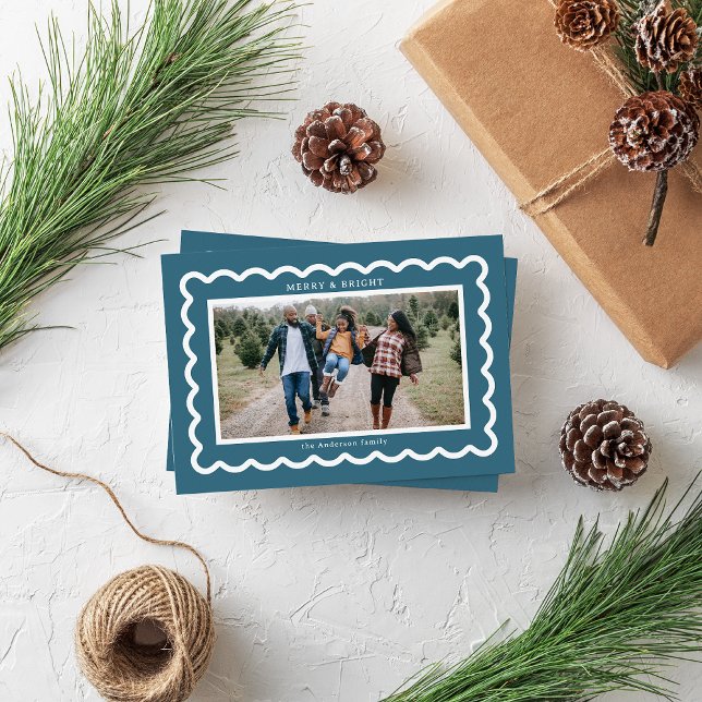 Cool Winter Blue Simple Scallop Photo Frame Holiday Card (Creator Uploaded)