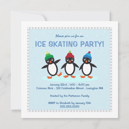 Cool Winter Penguin Ice Skating Party Invitation