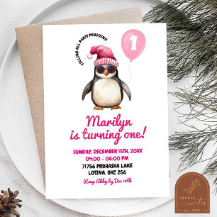 Cool Winter Pink Penguin First Birthday Girl Invitation