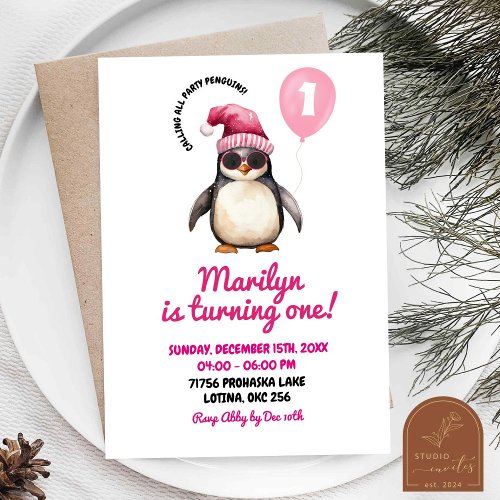 Cool Winter Pink Penguin First Birthday Girl