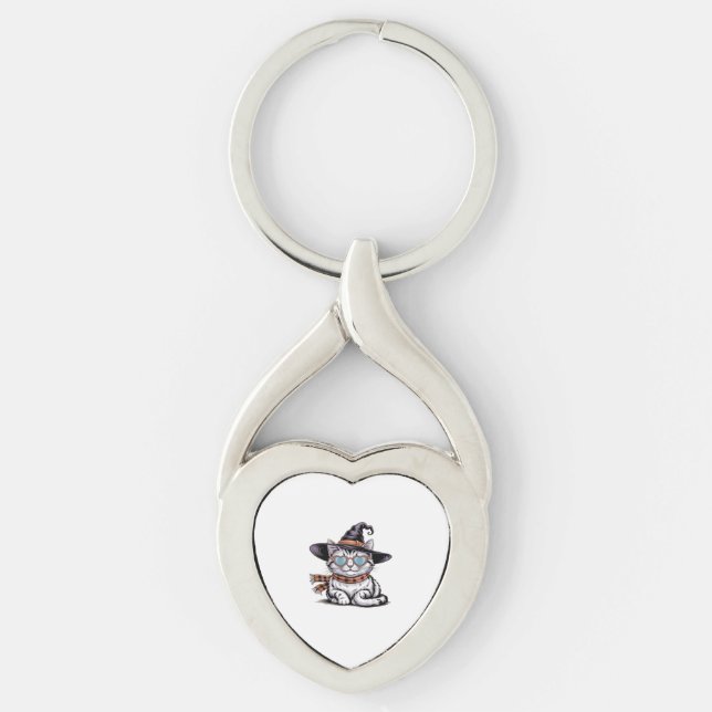 Cool Witch Cat – Cute Halloween Kitty with Heart G Keychain (Front)