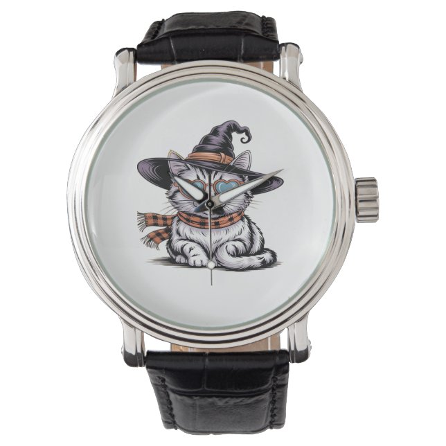 Cool Witch Cat – Cute Halloween Kitty with Heart G Watch (Front)