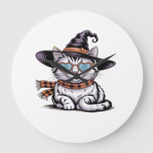 Cool Witch Cat Cute Halloween Kitty with Heart Gl Large Clock
