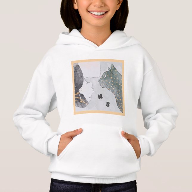 Cool Woman & Cat Black & White Gold Hoodie (Front)