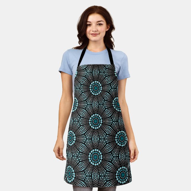  Cool Women's Fancy Black White Teal Dot Art Apron (Worn)