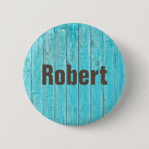 Cool Wood Personalized Name Tag Custom Blue  Button