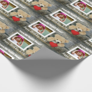 Cool Wood Red Hearts Teddy Bear Birthday Photo Wrapping Paper