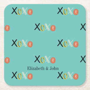 Cool "XOXO" Hearts Valentine's Day Mint Green Square Paper Coaster