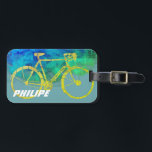 cool yellow bicycle graphic-art luggage tag<br><div class="desc">A cool digital illustration of a yellow bike on green and blue watercolor background... to add the name of the cyclist and keep your baggage safe</div>