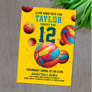 Cool Yellow Colorful Basketball Sport Birthday  Invitation