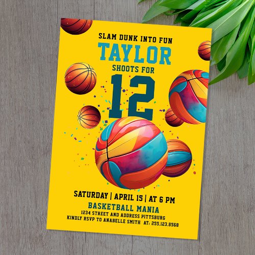 Cool Yellow Colorful Basketball Sport Birthday  Invitation