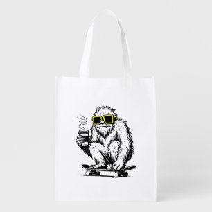 Cool Yeti enjoying coffee break while riding skate Grocery Bag