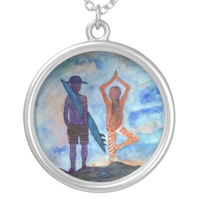 Cool Yoga Surf Sunset Round Necklace (Front)